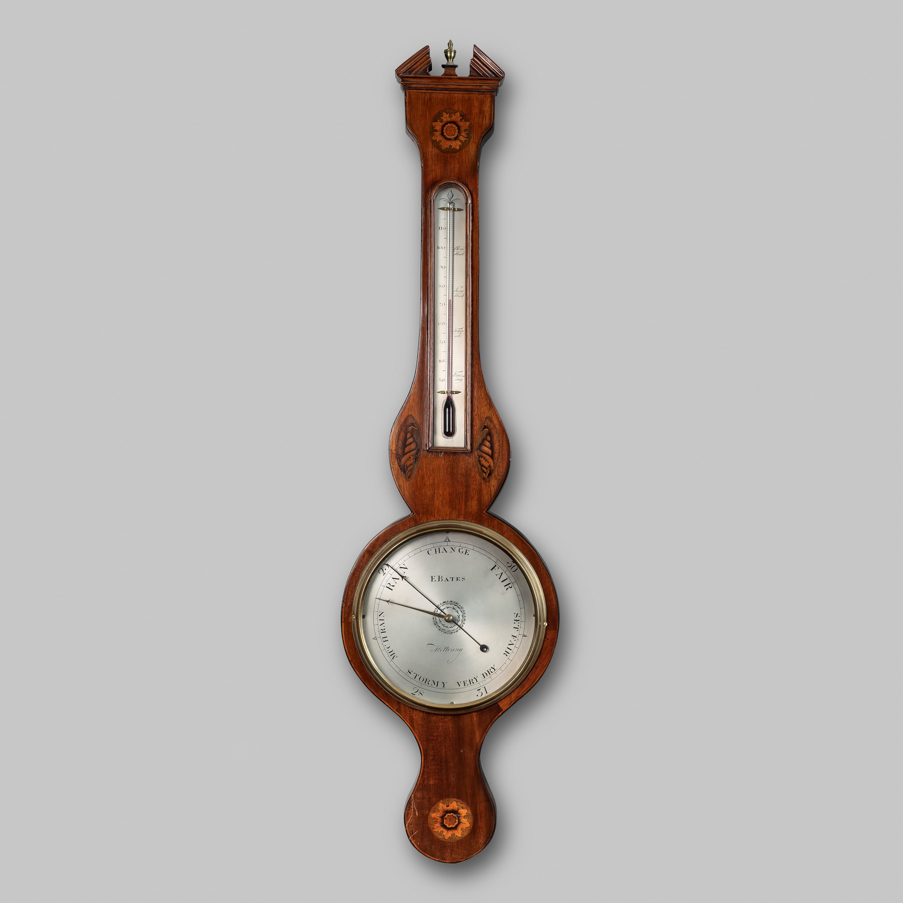 18TH CENTURY ANTIQUE GEORGIAN MAHOGANY WHEEL BAROMETER BY E. BATES OF KETTERING